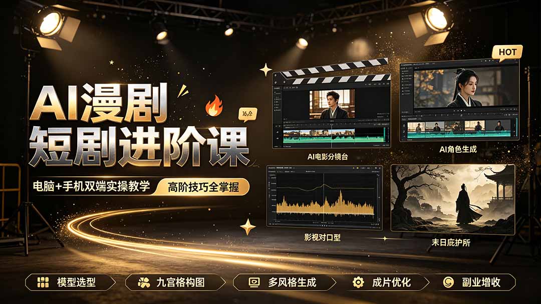 AI漫剧短剧进阶课|电脑+手机双端实操教学|影视剧对口型人物吃瓜×解压末日庇护所全程讲解,高阶技巧全掌握-网创项目总站