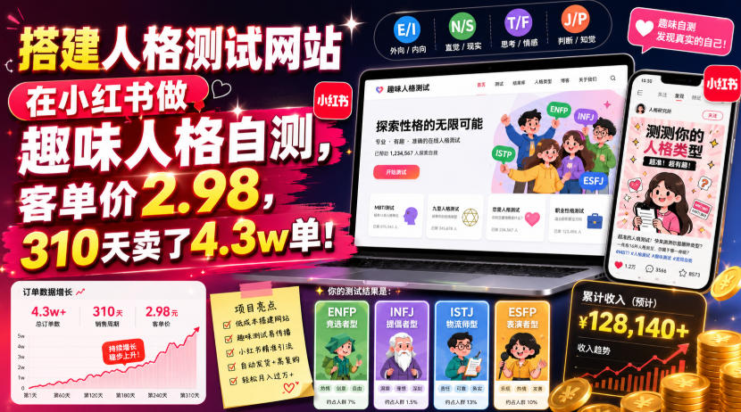搭建人格测试网站在小红书做趣味人格自测，客单价2.98，310天卖了4.3w单！-网创项目总站