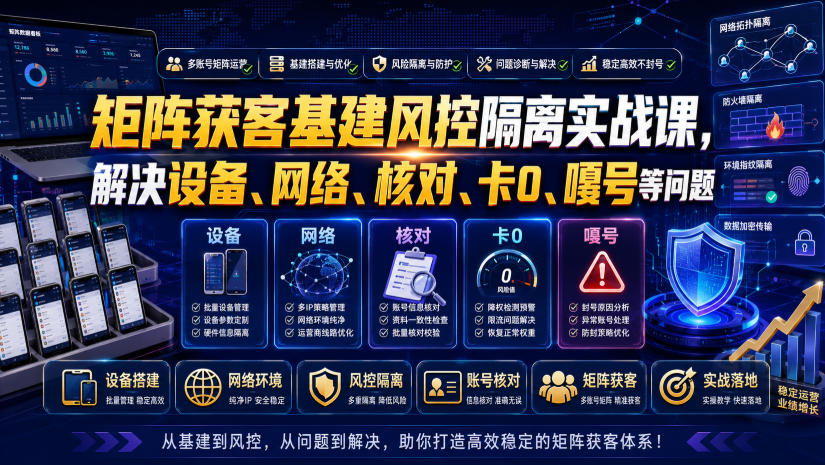矩阵获客基建风控隔离实战课，解决设备、网络、核对、卡0、嘎号等问题-网创项目总站