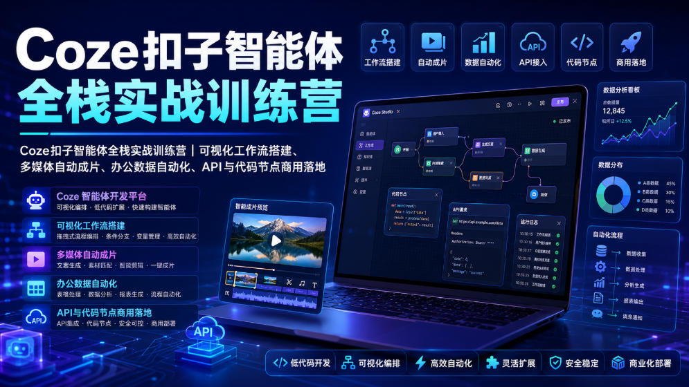 Coze扣子智能体全栈实战训练营｜可视化工作流搭建、多媒体自动成片、办公数据自动化、API与代码节点商用落地-网创项目总站