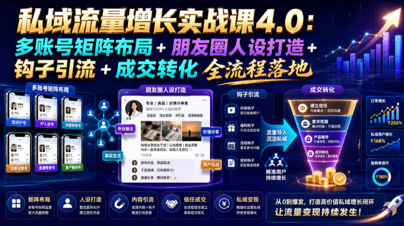 私域流量增长实战课4.0：多账号矩阵布局+朋友圈人设打造+钩子引流+成交转化全流程落地-网创项目总站
