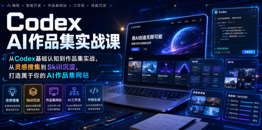 Codex AI作品集实战课，从Codex基础认知到作品集实战，从灵感搜集到Skill沉淀，打造属于你的AI作品集网站-网创项目总站