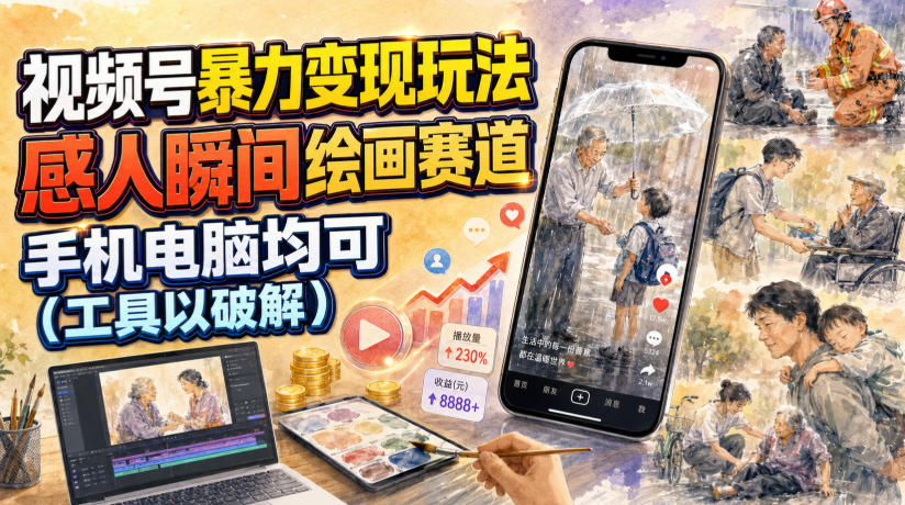 视频号暴力变现玩法，感人瞬间绘画赛道，手机电脑均可-网创项目总站