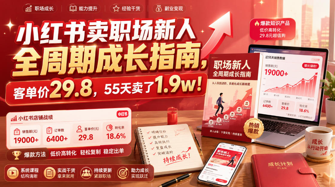 小红书卖职场新人全周期成长指南，客单价29.8，55天卖了1.9w！-网创项目总站
