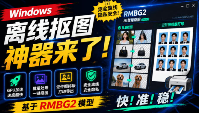 Windows离线抠图神器来了！支持批量抠图+证件照排版打印，基于RMBG2模型，GPU加速方块AI抠图-网创项目总站