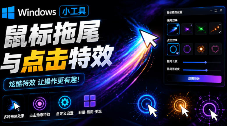 Windows特效小工具！一键给你的鼠标添加拖尾与点击动态特效，吾爱出品，免费使用Mouse Trail-网创项目总站