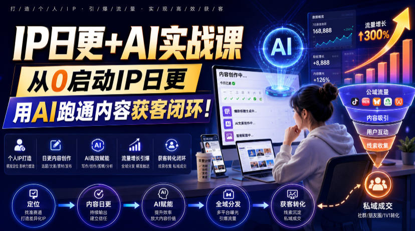 IP日更+AI实战课，从0启动IP日更，IP置顶视频制作+100条选题库搭建+10条日更规划，用AI跑通内容获客闭环!-网创项目总站
