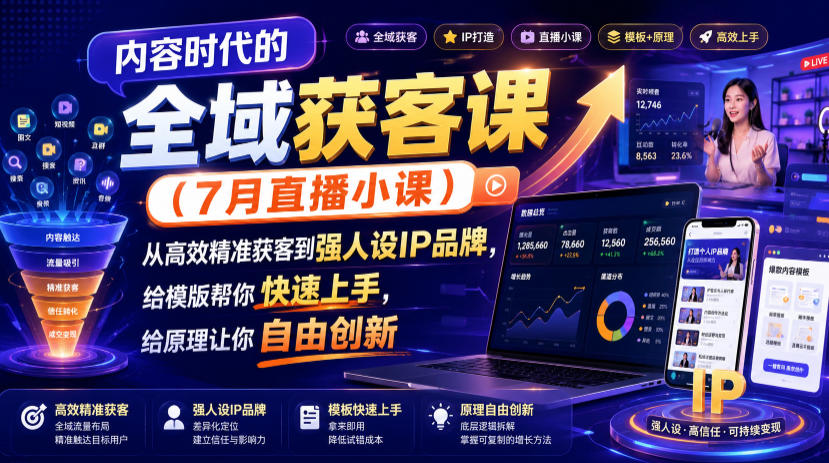 内容时代的全域获客课(7月直播小课)，从高效精准获客到强人设IP品牌，给模版帮你快速上手，给原理让你自由创新-网创项目总站