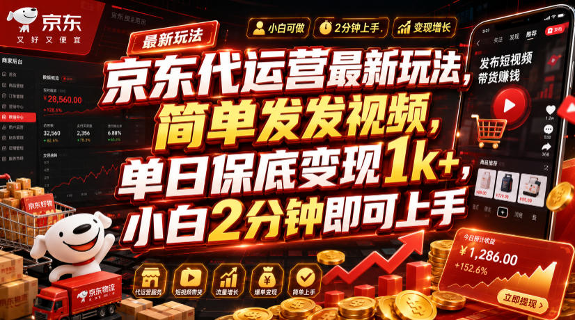 京东代运营最新玩法，简单发发视频，单日保底变现1k+，小白2分钟即可上手【揭秘】-网创项目总站