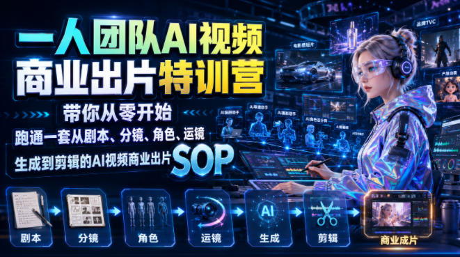 一人团队AI视频商业出片实战课：带你从零开始跑通一套从剧本、分镜、角色、运镜、生成到剪辑的AI视频商业出片SOP-网创项目总站