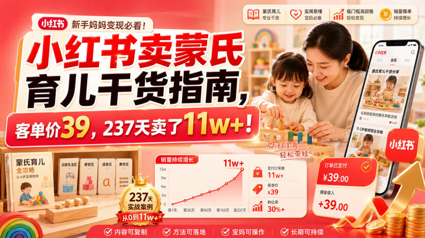 小红书卖蒙氏育儿干货指南,客单价39,237天卖了11w+!-网创项目总站