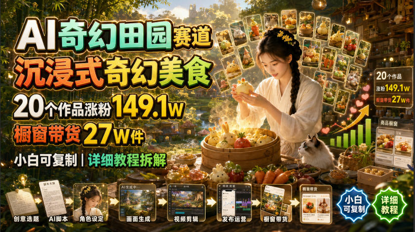 AI奇幻田园赛道,沉浸式奇幻美食,20个作品涨粉149.1W,橱窗带货27W件,小白可复制,详细教程拆解-网创项目总站