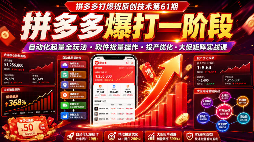 拼多多打爆班原创技术第61期,拼多多爆打一阶段,自动化起量全玩法・软件批量操作・投产优化・大促矩阵实战课-网创项目总站