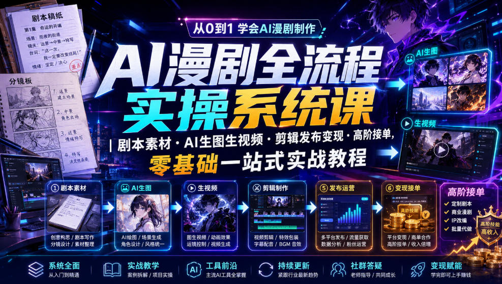 AI漫剧全流程实操系统课|剧本素材・AI生图生视频・剪辑发布变现・高阶接单,零基础一站式实战教程-网创项目总站