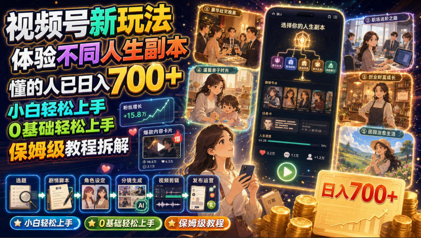 视频号新玩法体验不同人生副本,懂的人已日入700+,小白轻松上手,0基础轻松上手,保姆级教程拆解-网创项目总站