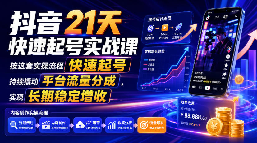 抖音21天快速起号实战课,按这套实操流程快速起号,持续撬动平台流量分成,实现长期稳定增收-网创项目总站
