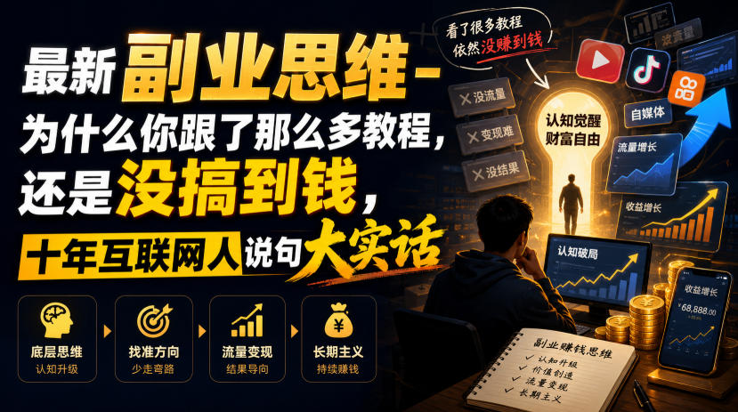 最新副业思维-为什么你跟了那么多教程,还是没搞到钱,十年互联网人说句大实话【揭秘】-网创项目总站