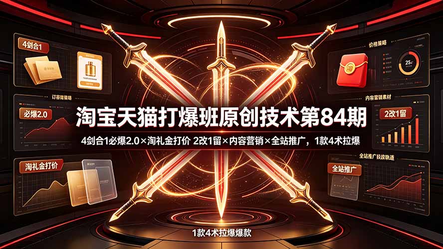 淘宝天猫打爆班原创技术第84期:4剑合1必爆2.0×淘礼金打价×2改1留×内容营销×全站推广,1款4术拉爆-网创项目总站