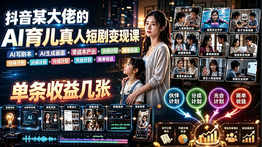 AI育儿真人短剧变现课:AI写剧本×AI生成画面×零成本产出×伙伴计划×分成计划×光合计划×商单收徒-网创项目总站