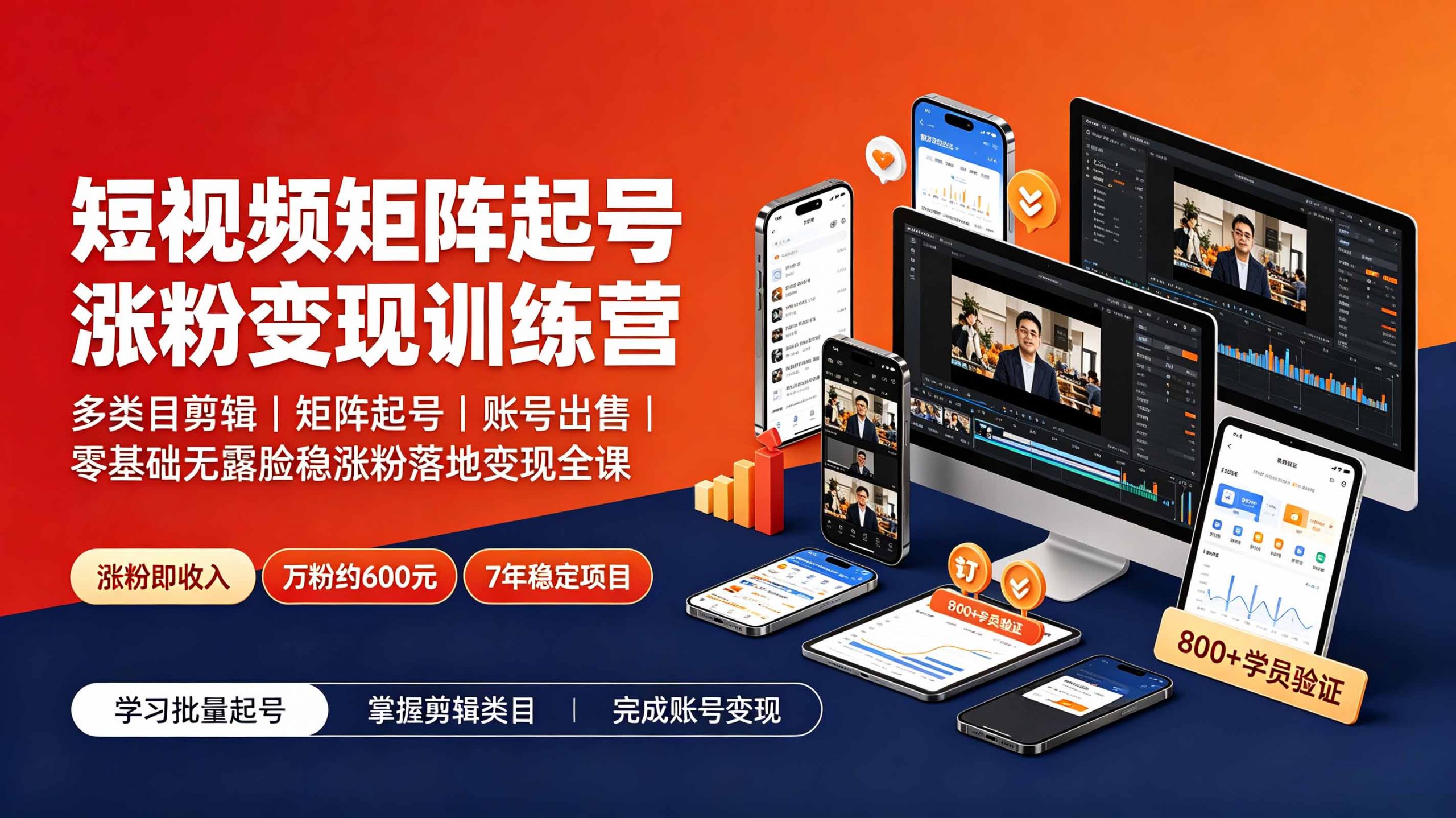 短视频矩阵起号涨粉变现训练营｜多类目剪辑·矩阵起号·账号出售，0基础无露脸稳涨粉落地变现全课-更新-网创项目总站