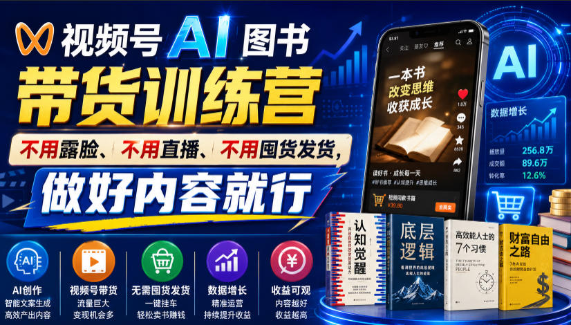 视频号AI图书带货训练营，不用露脸、不用直播、不用囤货发货，做好内容就行，一条爆款视频佣金8942-网创项目总站