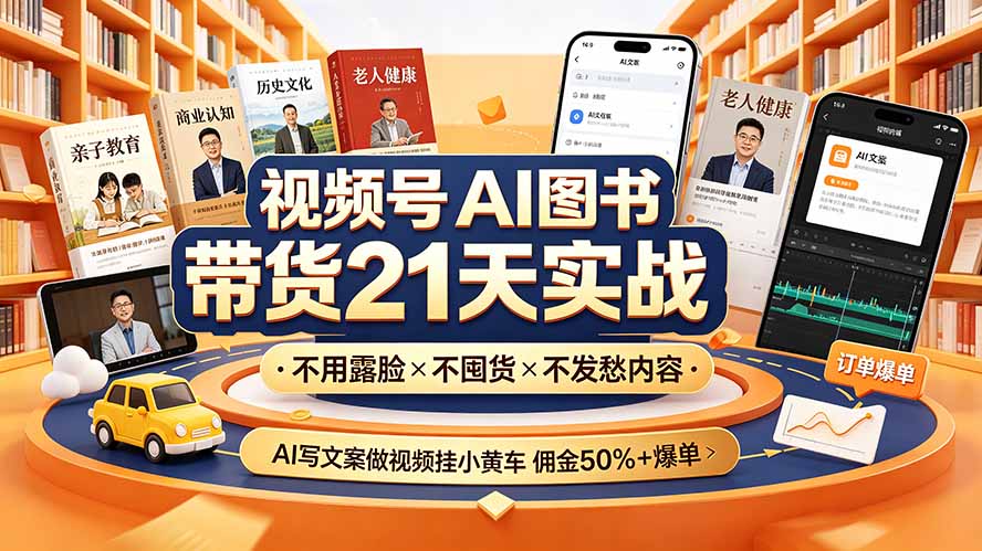 视频号AI图书带货21天实战：不用露脸×不囤货×不发愁内容，AI写文案做视频挂小黄车，佣金50%+爆单-网创项目总站