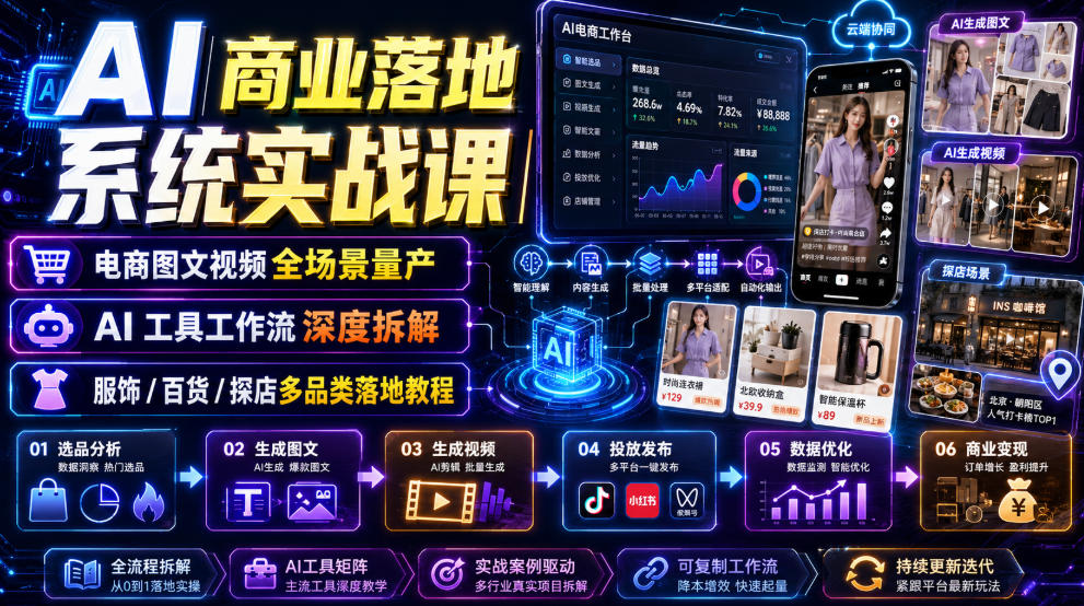 AI商业落地系统实战课｜电商图文视频全场景量产・AI工具工作流深度拆解・服饰/百货/探店多品类落地教程-网创项目总站