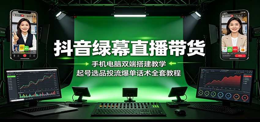 抖音绿幕直播带货：手机电脑双端搭建教学，起号选品投流爆单话术全套教程-网创项目总站