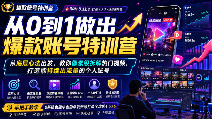 从0到1做出爆款账号特训营，从底层心法出发，教你像素级拆解热门视频，打造能持续出流量的个人账号-网创项目总站