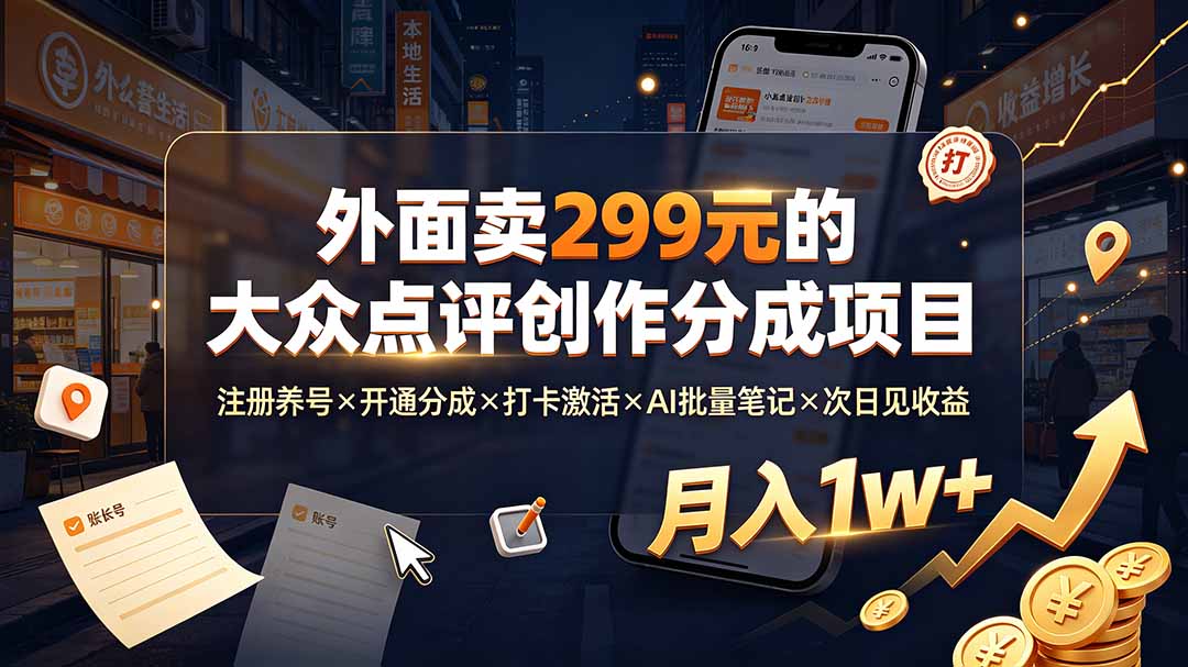 外面卖299元的大众点评创作分成项目：注册养号×开通分成×打卡激活×AI批量笔记×次日见收益，月入1w+-网创项目总站