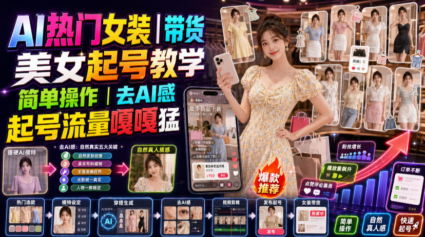 AI热门女装带货丨美女起号教学，简单操作，去AI感，起号流量嘎嘎猛-网创项目总站