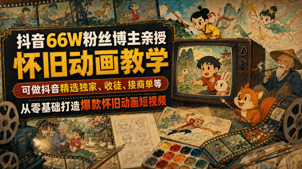 抖音66W粉丝博主亲授怀旧动画教学，可做抖音精选独家、收徒、接商单等，从零基础打造爆款怀旧动画短视频-网创项目总站
