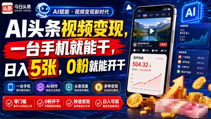 AI头条视频变现，一台手机就能干，日入5张，0粉就能开干-网创项目总站