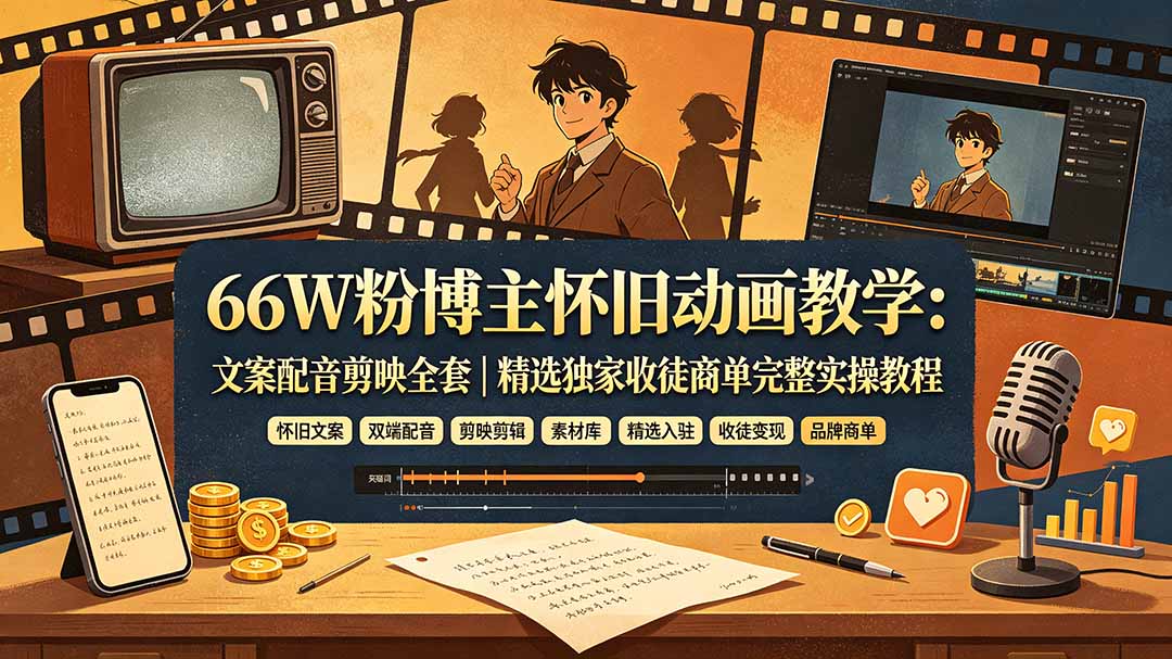 66W粉博主怀旧动画教学：文案配音剪映全套｜精选独家收徒商单完整实操教程-网创项目总站