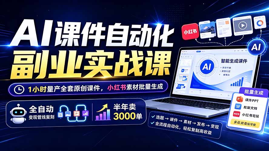 AI课件自动化副业实战课：1小时量产全套原创课件×小红书素材批量生成×全自动变现管线×半年卖3000单-网创项目总站