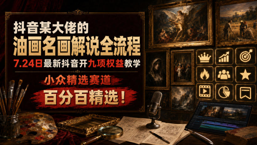 抖音某大佬的油画名画解说全流程，7.24日最新抖音开九项权益教学，小众精选赛道，百分百精选！-网创项目总站