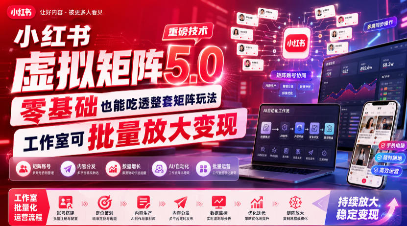 小红书虚拟矩阵5.0重磅技术，零基础也能吃透整套矩阵玩法，工作室可批量放大变现-网创项目总站