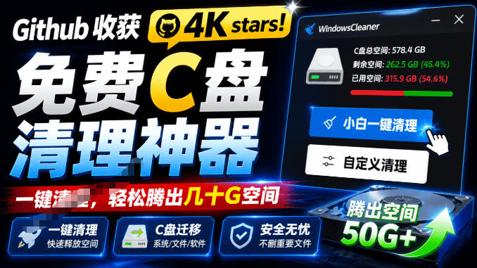 Github收获4K stars！免费C盘清理神器，轻松腾出几十G空间，支持C盘迁移Windows Cleaner-网创项目总站