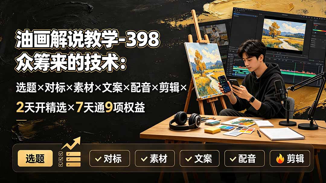 油画解说教学-398众筹来的技术：选题×对标×素材×文案×配音×剪辑×2天开精选×7天通9项权益-网创项目总站