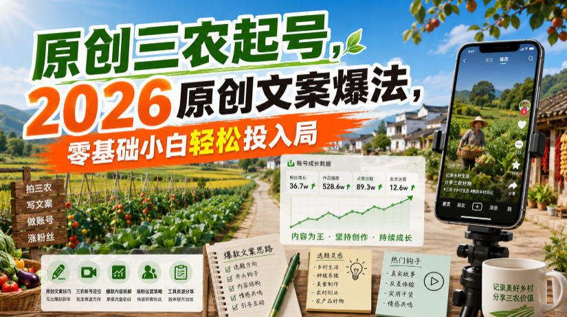 原创三农起号，2026原创文案爆法，零基础小白轻松投入局-网创项目总站