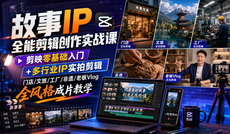 故事IP全能剪辑创作实战课｜剪映零基础入门+多行业IP实拍剪辑，门店/文旅/工厂/非遗/老板Vlog全风格成片教学-网创项目总站
