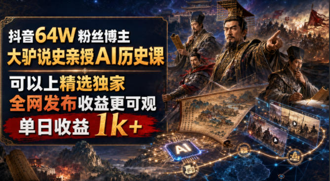 抖音64W粉丝博主大驴说史亲授AI历史课，可以上精选独家，全网发布收益更可观，单日收益1k+-网创项目总站