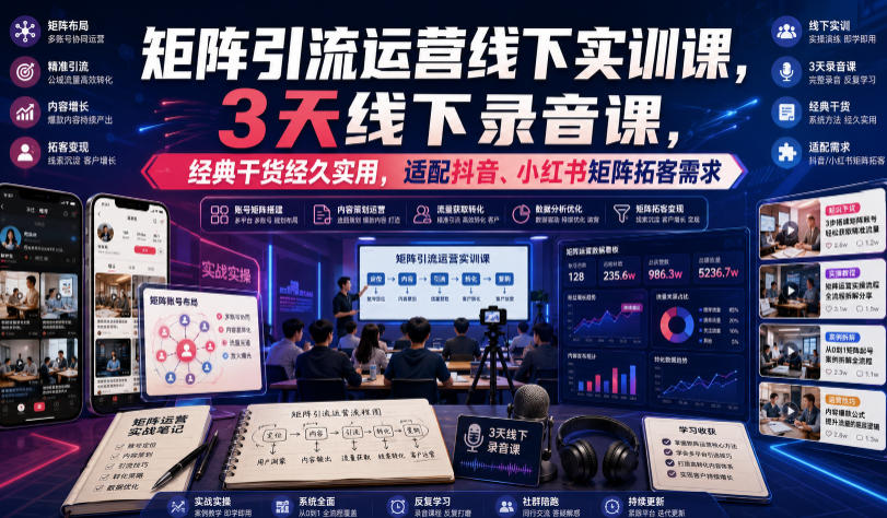 嗨推矩阵引流运营线下实训课，3天线下录音课，经典干货经久实用，适配抖音、小红书矩阵拓客需求-网创项目总站