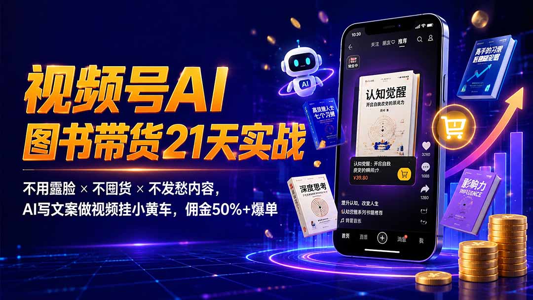 繁花视频号AI图书带货21天实战：不用露脸×不囤货×不发愁内容，AI写文案做视频挂小黄车，佣金50%+爆单-网创项目总站