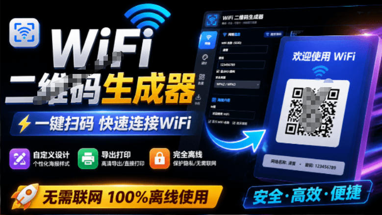 完全离线使用！WiFi二维码生成器，一键扫码快速连接WiFi，支持自定义风格导出WiFi二维码生成器-网创项目总站