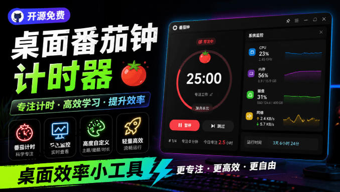 仅1.16MB，开源极简的桌面时钟、番茄钟计时器，还支持系统监控显示，桌面效率小工具Catime-网创项目总站