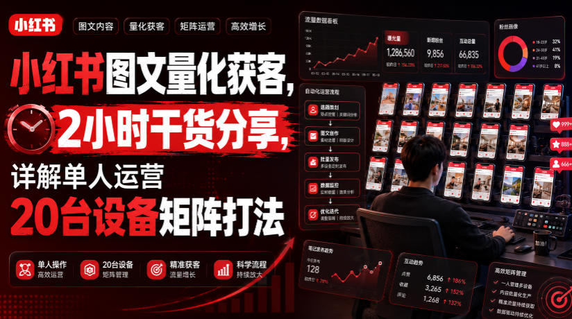 小红书图文量化获客，2小时干货分享，详解单人运营20台设备矩阵打法-网创项目总站