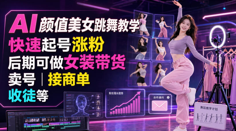 AI颜值美女跳舞教学，快速起号涨粉，后期可做女装带货，卖号，接商单，收徒等-网创项目总站