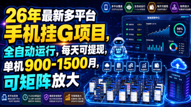 26年最新多平台手机挂G项目，全自动运行，每天可提现，单机900-1500月，可矩阵放大【揭秘】-网创项目总站
