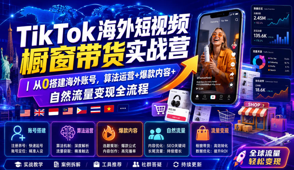 TikTok海外短视频橱窗带货实战营｜从0搭建海外账号，算法运营+爆款内容+自然流量变现全流程-网创项目总站